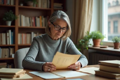 Femme consultant des archives papier pour retrouver une ancienne entreprise disparue