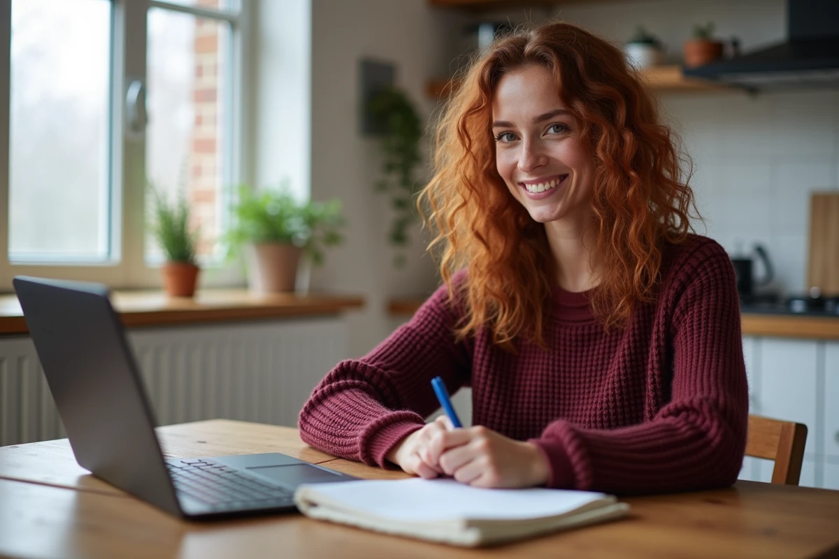 Jeune femme recherchant un emploi sur son ordinateur portable depuis chez elle, prenant des notes dans un carnet