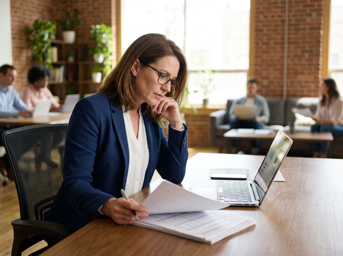Femme de 40 ans en reconversion professionnelle travaillant sur des documents dans un espace de coworking moderne