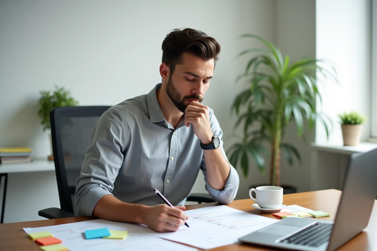Chef de projet rédigeant une charte de projet à son bureau à domicile avec des notes colorées