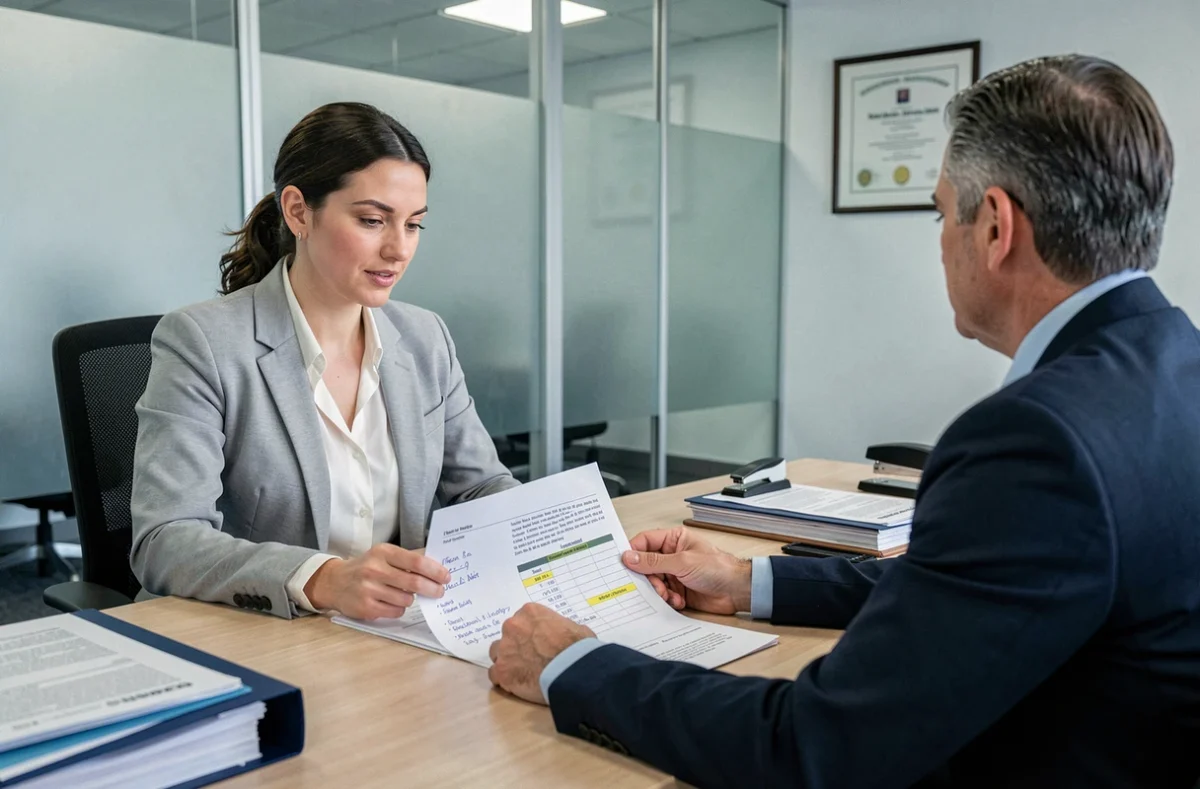 Femme apporteur d'affaires consultant un conseiller financier pour comprendre les seuils de commissions à déclarer