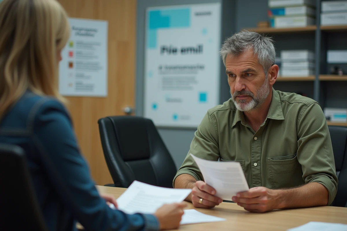 Un demandeur d'emploi en rendez-vous avec un conseiller Pôle emploi pour discuter d'un projet de création d'entreprise