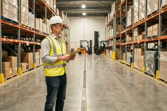 Responsable logistique dans un entrepôt de distribution centrale surveillant les opérations avec des rayonnages métalliques et des palettes en arrière-plan