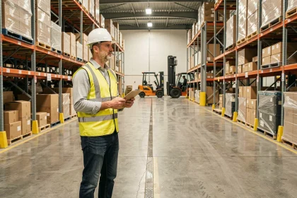 Responsable logistique dans un entrepôt de distribution centrale surveillant les opérations avec des rayonnages métalliques et des palettes en arrière-plan