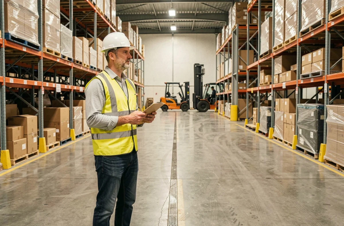 Responsable logistique dans un entrepôt de distribution centrale surveillant les opérations avec des rayonnages métalliques et des palettes en arrière-plan