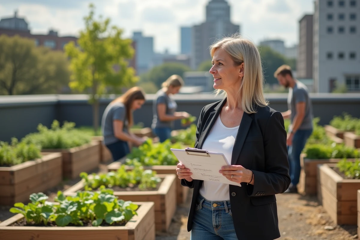 Femme responsable RSE supervisant un jardin communautaire urbain géré par des employés bénévoles