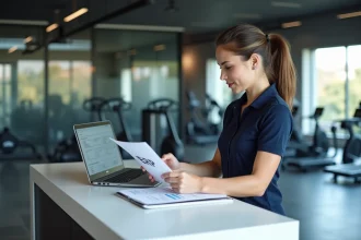 Responsable de salle de sport consultant un logiciel ERP à l'accueil d'une salle de fitness moderne