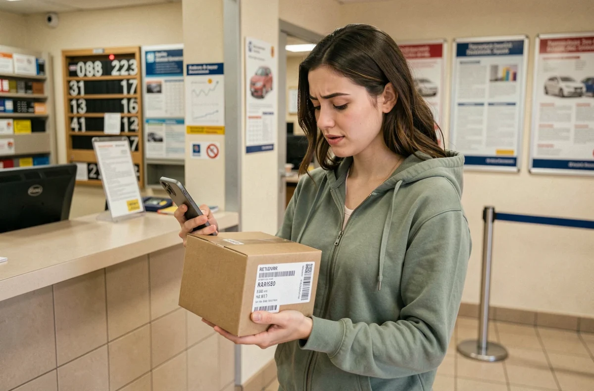 Jeune femme en bureau de poste renvoyant un colis Backmarket après avoir obtenu un remboursement via le SAV