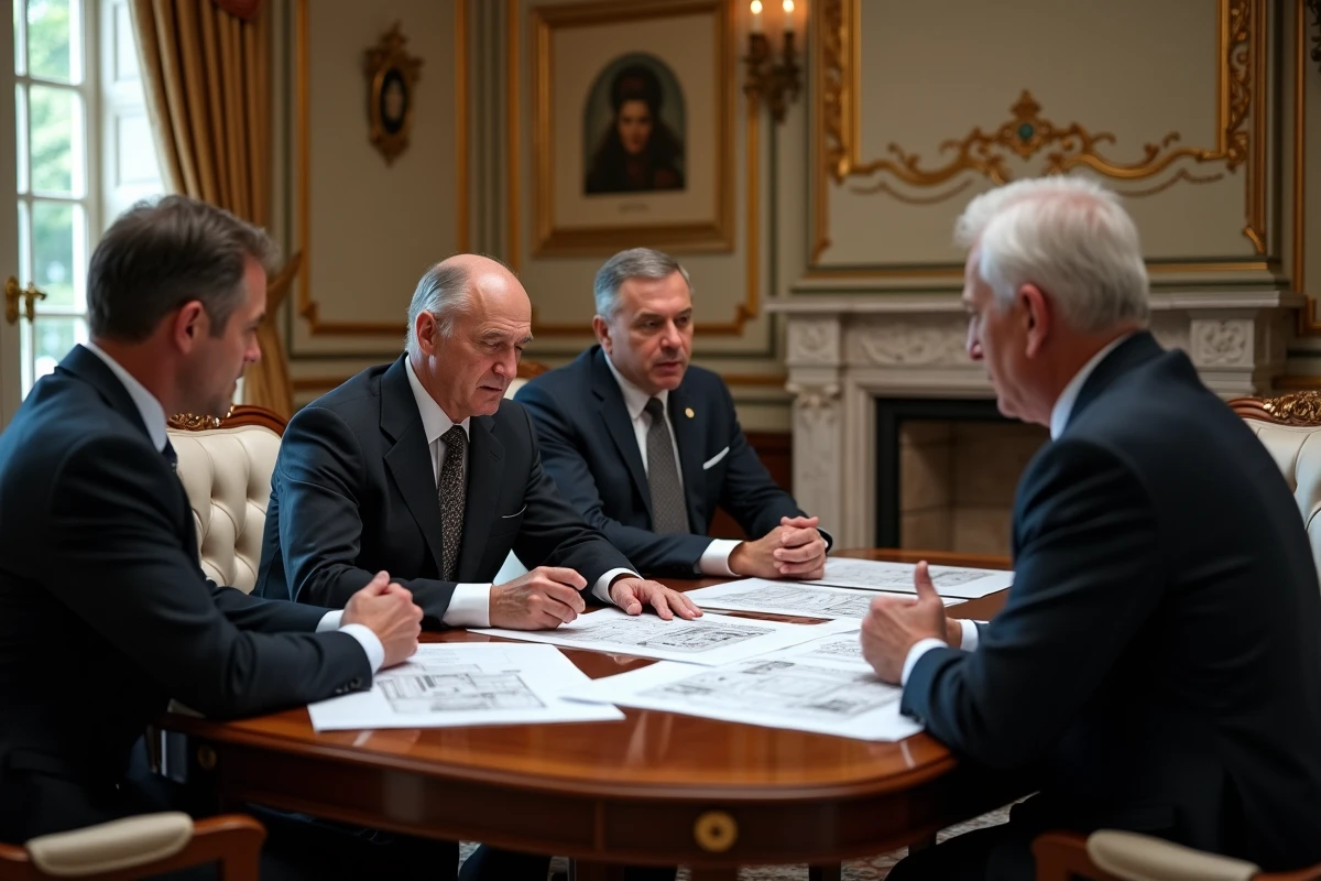 Réunion d'affaires dans un salon privé d'un palace parisien autour d'une table en acajou avec documents immobiliers