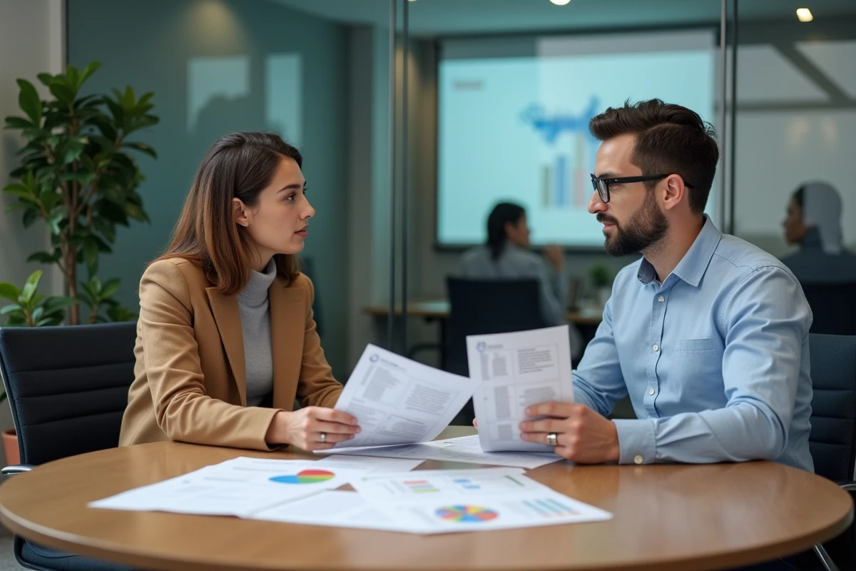 Deux professionnels du marketing discutant des différences entre branding et marketing de performance autour d'une table de réunion