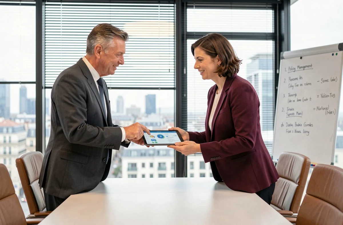 Deux courtiers en assurance discutant de la centralisation de leur activité sur la plateforme AXA extranet lors d'une réunion professionnelle