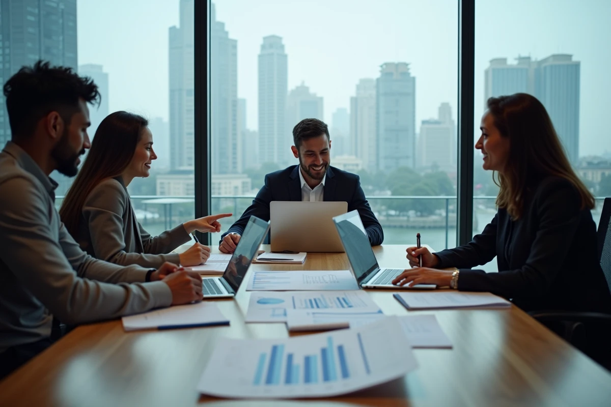 Équipe professionnelle en réunion autour de tableaux de bord pour évaluer une stratégie d'entreprise