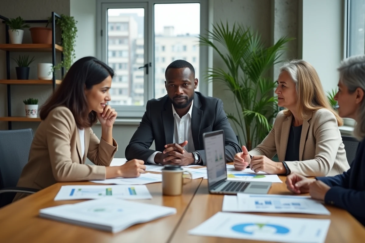 Équipe de professionnels discutant de rapports sur la durabilité autour d'une table de réunion dans un bureau moderne