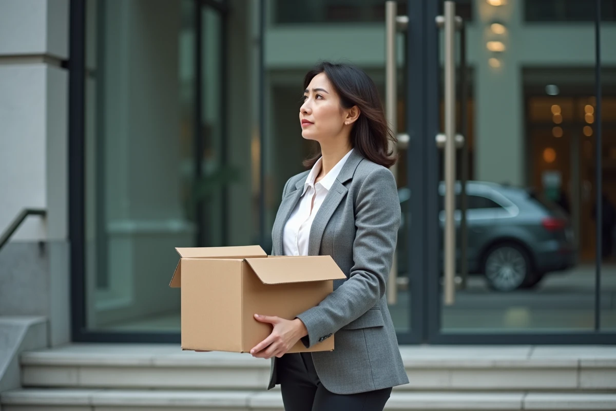 Salariée quittant son entreprise sans recevoir ses documents de fin de contrat devant un immeuble de bureaux