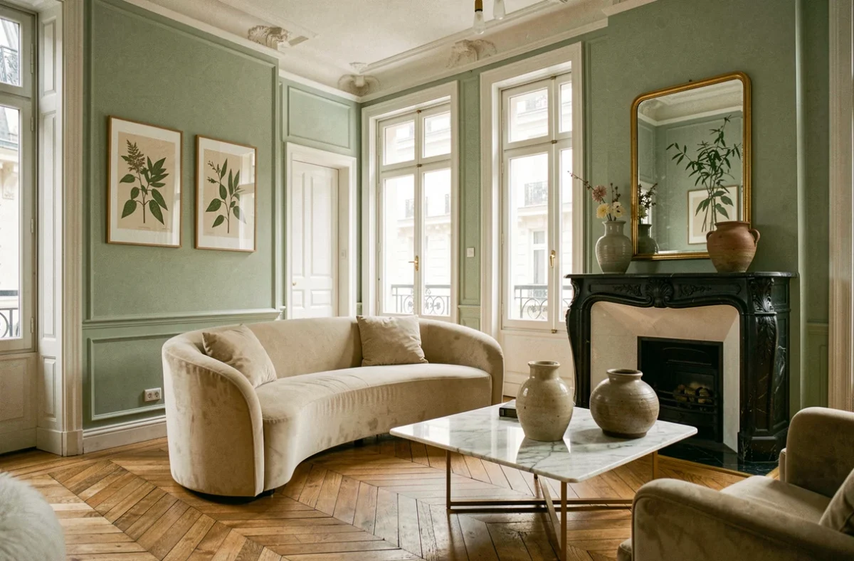 Salon parisien rénové avec des meubles design dans un appartement haussmannien après intervention d'un service de décoration