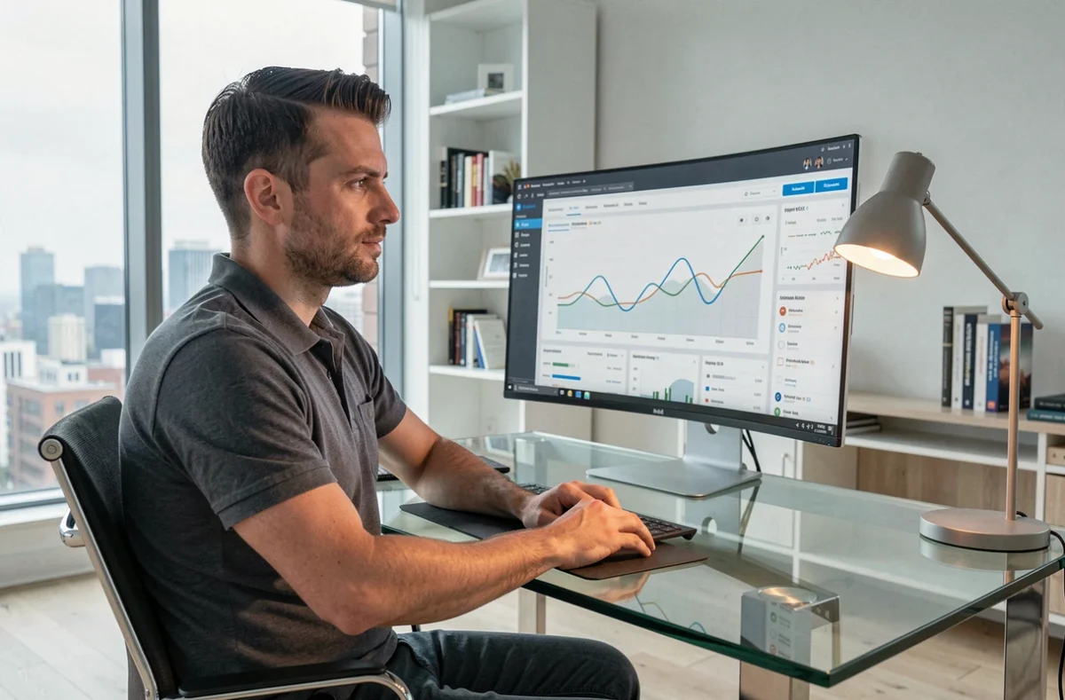 Samy, consultant SEO indépendant, analysant des courbes de trafic organique sur un écran ultrawide dans un bureau moderne avec vue sur la ville