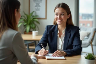 Coach professionnelle prenant des notes lors d'une séance de coaching avec un client dans un bureau moderne