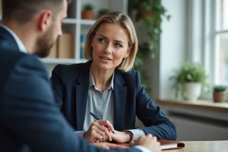Coach professionnelle en séance de coaching individuel avec un client dans un bureau moderne et épuré