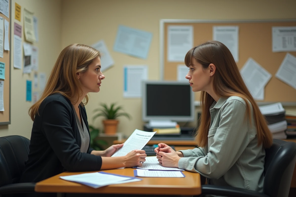 Conseillère de service social accompagnant un usager dans un bureau administratif public, illustration des services de base à la population