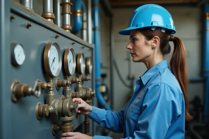 Technicienne municipale contrôlant les équipements d'une station de traitement d'eau, symbole des services publics de base