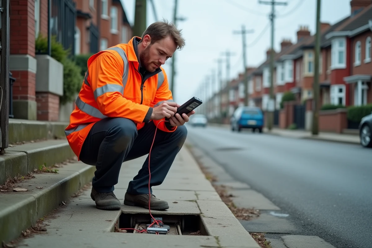 Technicien en gilet haute visibilité inspectant un boîtier électrique urbain, représentant les services essentiels de distribution d'énergie