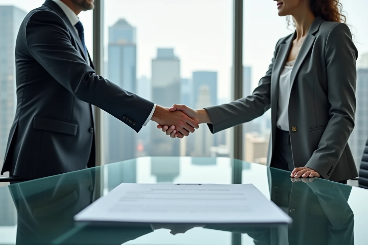 Deux professionnels signant un accord contractuel avec poignée de main dans une salle de réunion