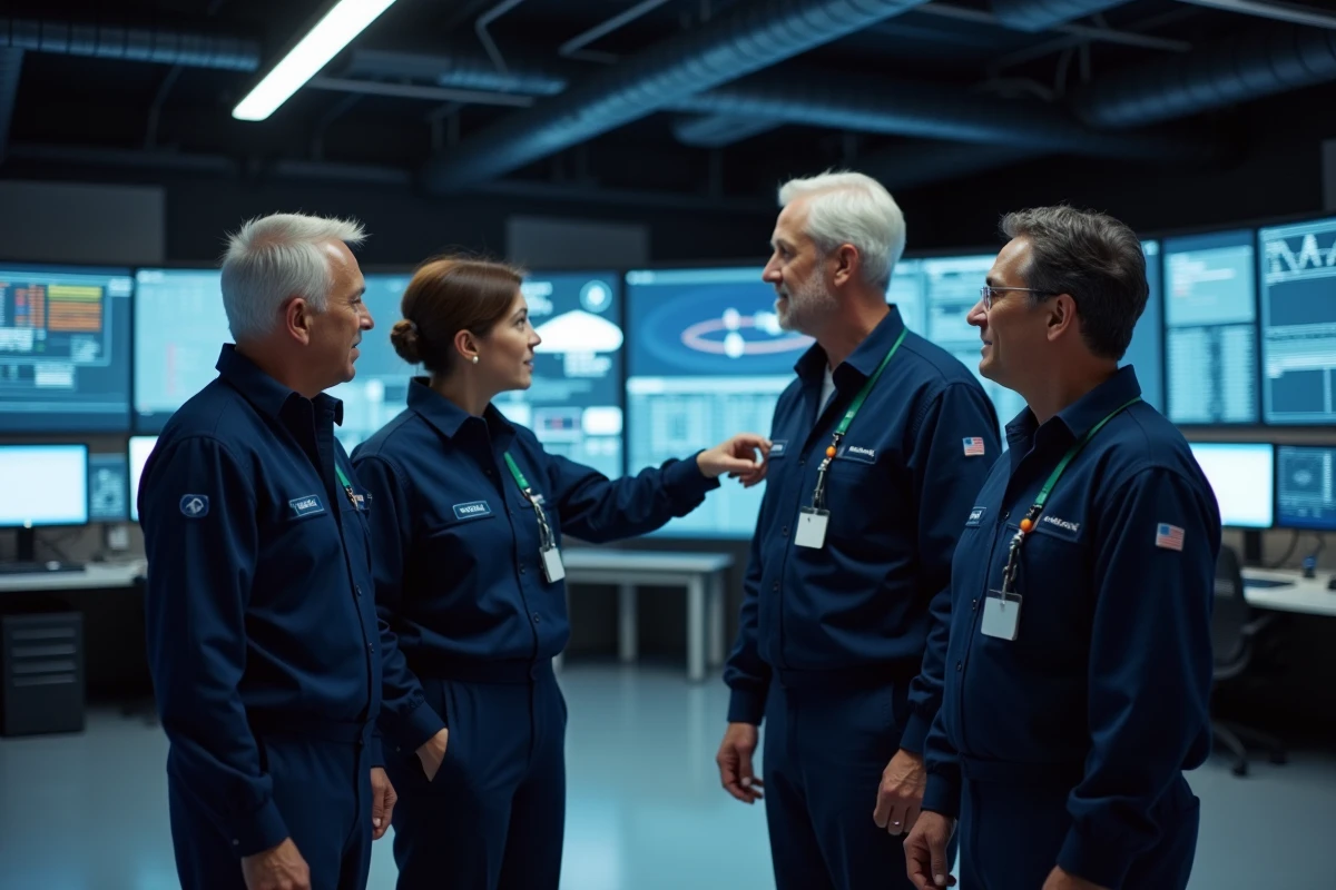 Ingénieurs SpaceX analysant des données de trajectoire orbitale dans une salle de contrôle de mission