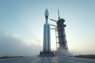 Fusée Falcon 9 de SpaceX sur son pas de tir au bord de l'océan, entourée de brume matinale
