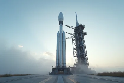 Fusée Falcon 9 de SpaceX sur son pas de tir au bord de l'océan, entourée de brume matinale
