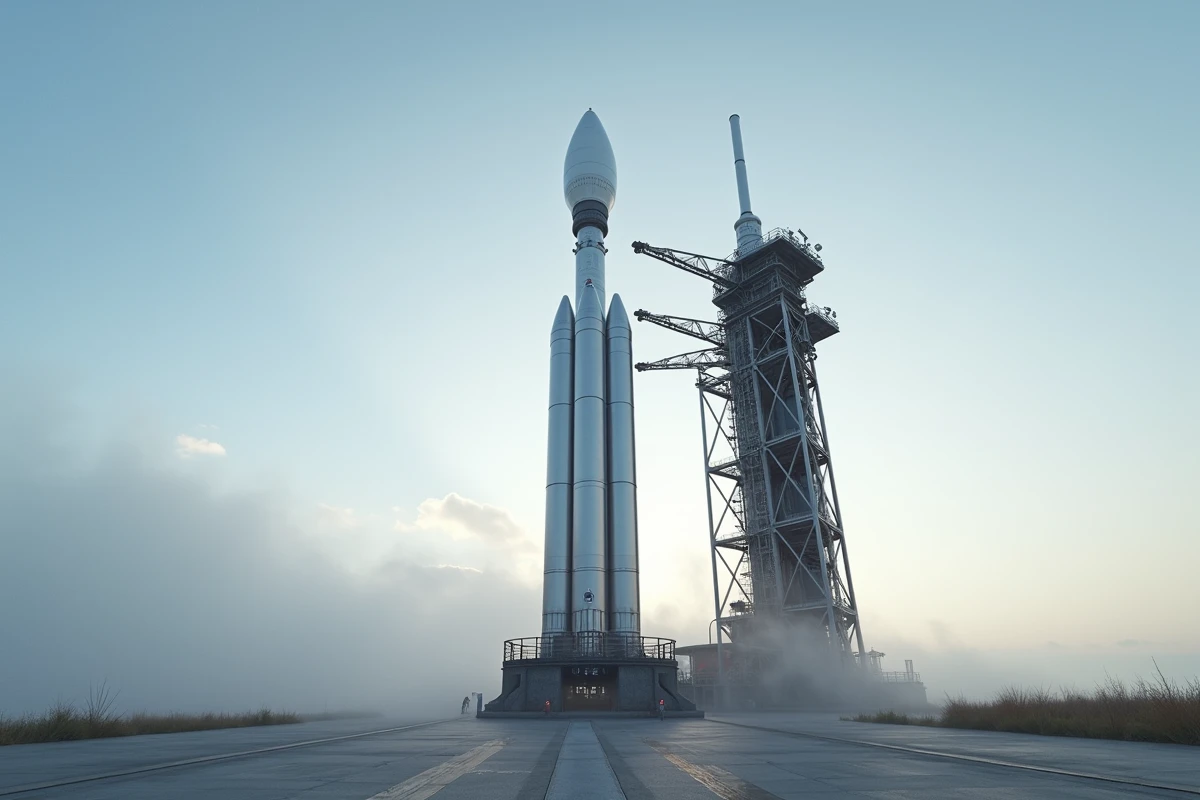 Fusée Falcon 9 de SpaceX sur son pas de tir au bord de l'océan, entourée de brume matinale