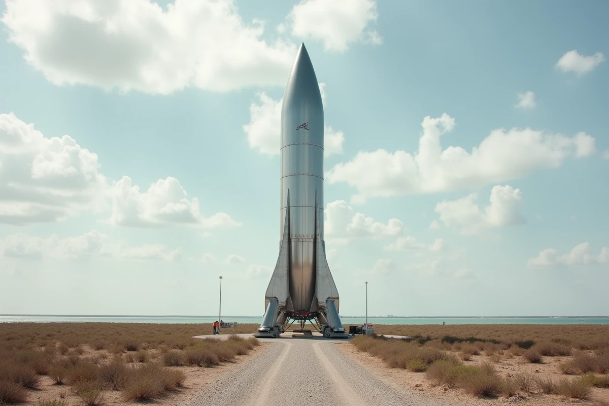 Prototype de fusée Starship de SpaceX sur son pas de lancement à Boca Chica au Texas