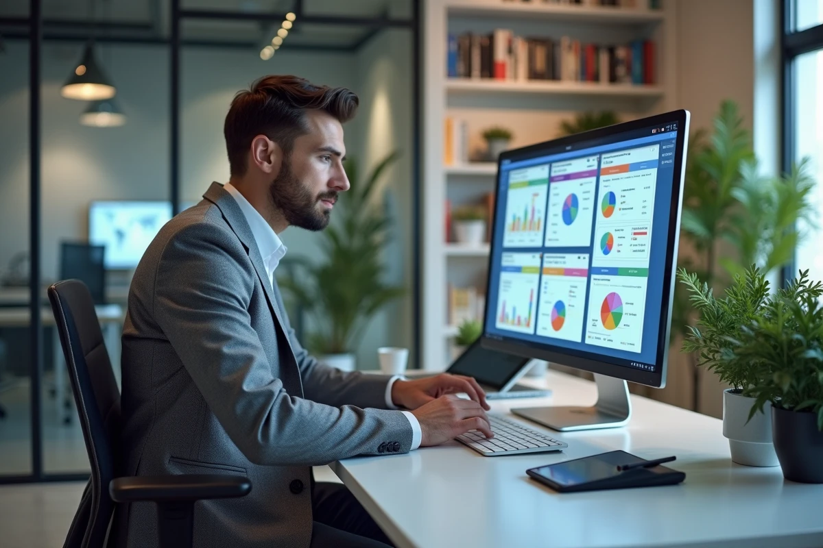 Professionnel du marketing travaillant sur une stratégie de communication digitale devant des tableaux de bord analytiques