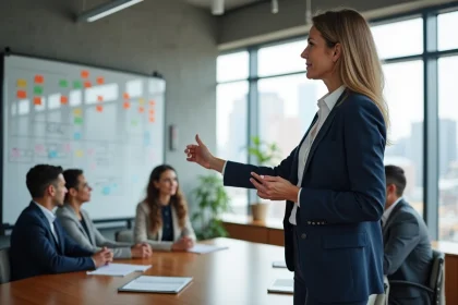 Femme manager présentant une stratégie de communication d'entreprise sur un tableau blanc lors d'une réunion professionnelle