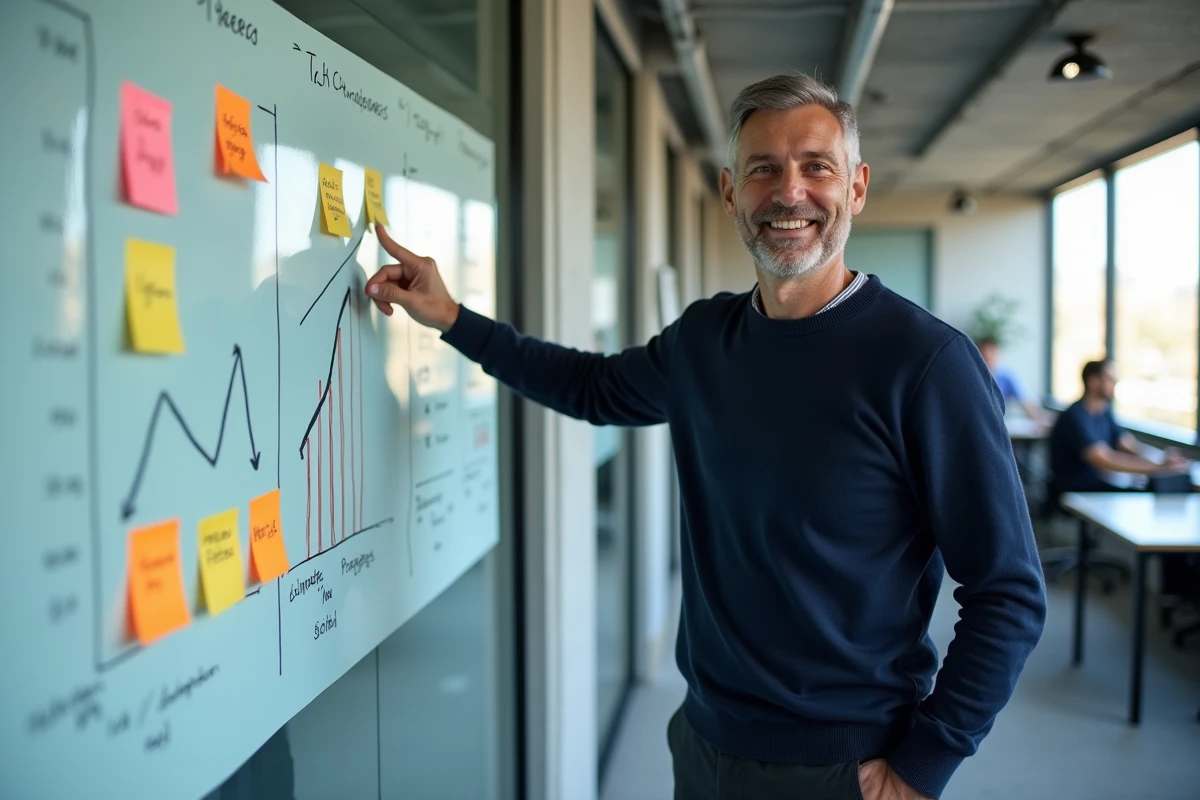 Professionnel en marketing présentant une stratégie de marketing numérique sur un tableau blanc dans une salle de réunion