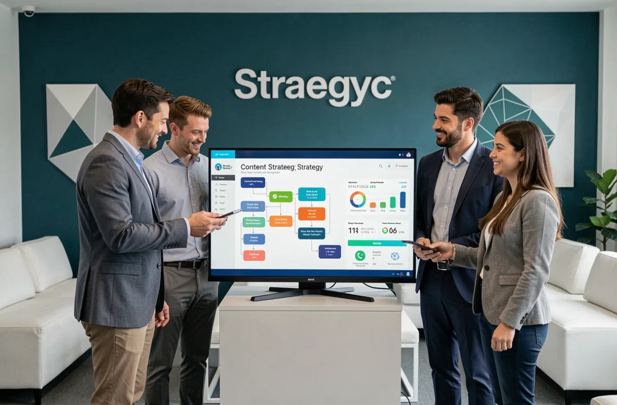 Équipe de l'agence Strategyc réunie autour d'un écran présentant une feuille de route de stratégie de contenu SEO dans un bureau contemporain