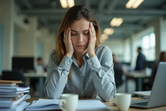 Femme épuisée au bureau les mains sur les tempes illustrant les effets négatifs du stress au travail