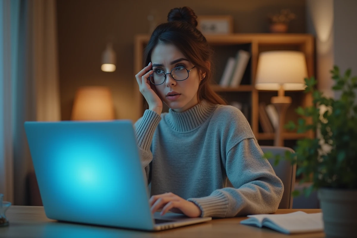 Femme stressée devant son ordinateur portable réalisant qu'elle ne peut pas supprimer un email déjà lu