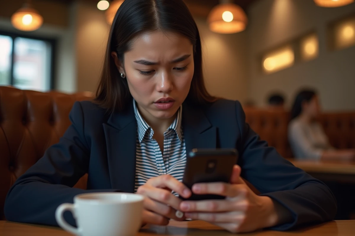 Jeune femme inquiète consultant son smartphone dans un café pour tenter de supprimer un email déjà lu