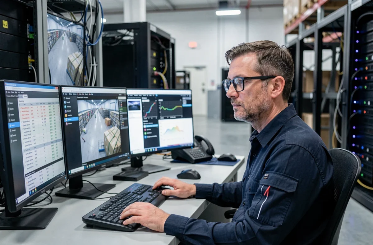 Technicien informatique surveillant les systèmes de sécurité et de gestion des stocks d'un centre de distribution central sur plusieurs écrans
