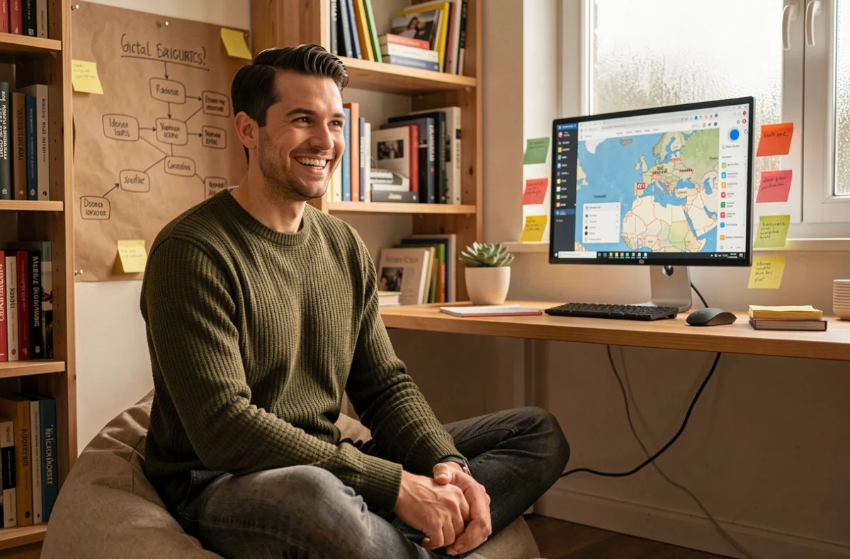Consultant SEO de l'agence Tatoun travaillant sur des cartes de référencement local dans un bureau à domicile chaleureux et décontracté