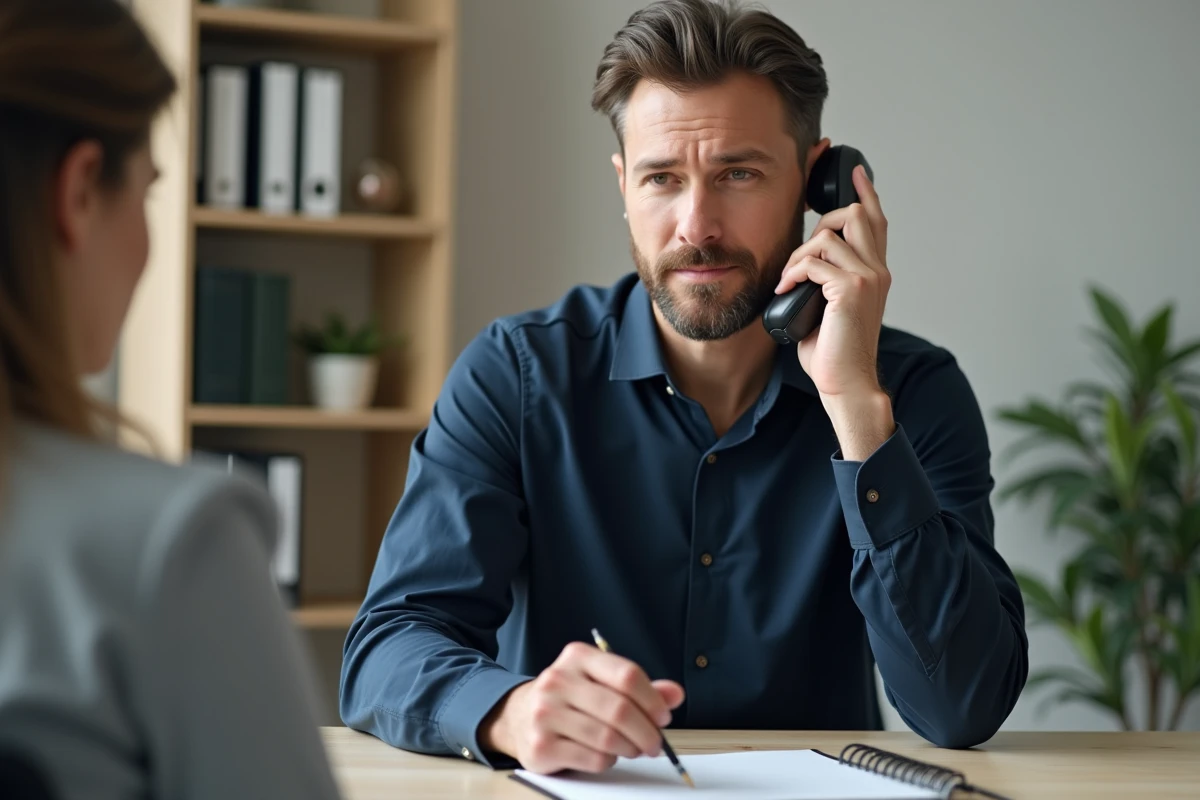 Travailleur social écoutant un appel au numéro de prévention 3114 dans un bureau de soutien psychologique